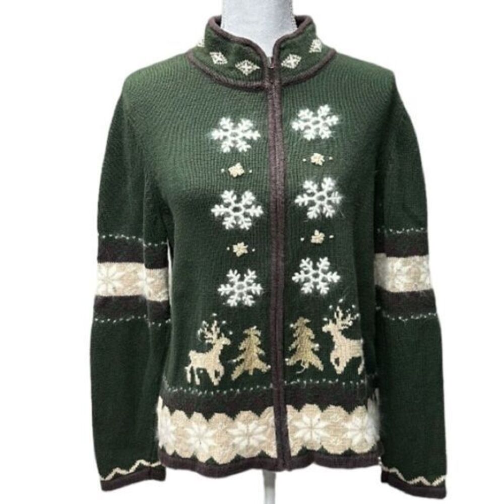 Guide Series Winter Christmas Angora Blend Cardigan Zip‎ Up Sweater Size M Snow